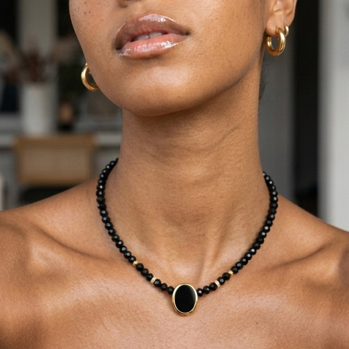 Black Onyx & Black Obsidian Beads Divina Necklace - Enfolded