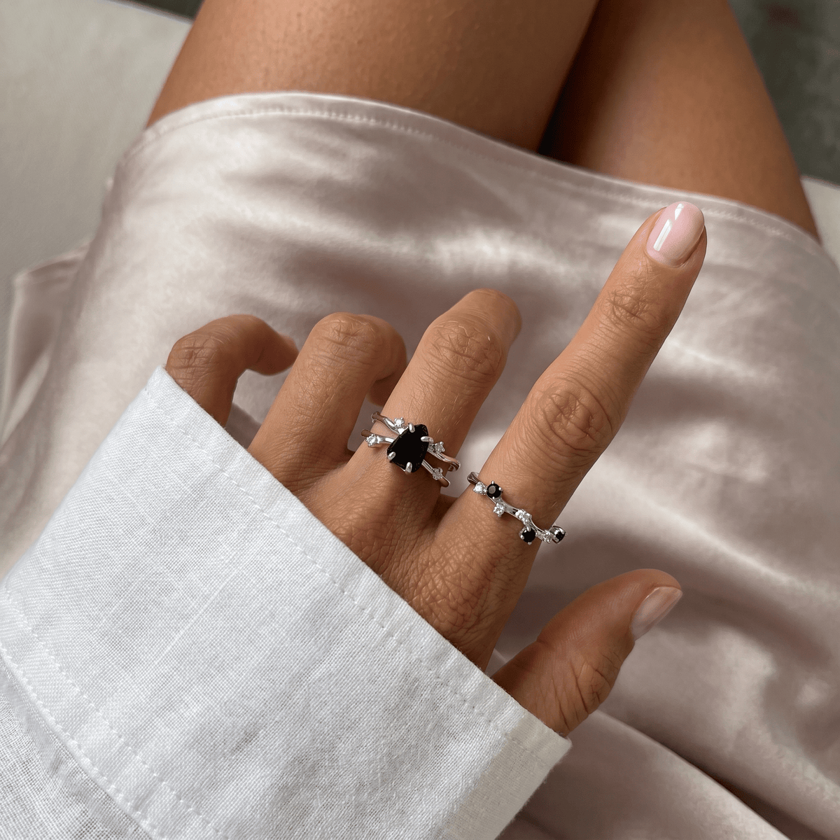 Black Obsidian Flow & Stardust Rings