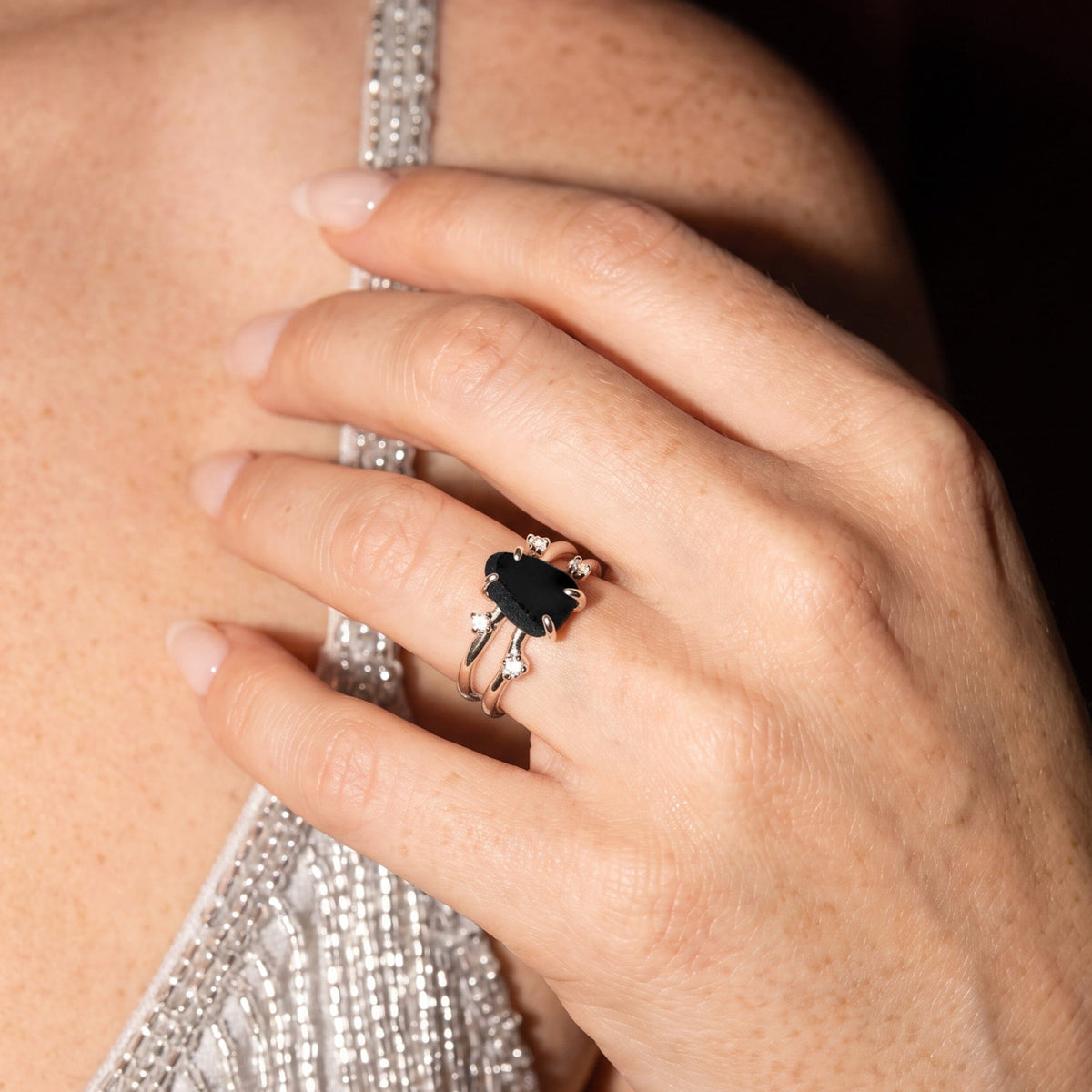 Black Obsidian Lab Diamond Ring - Flow