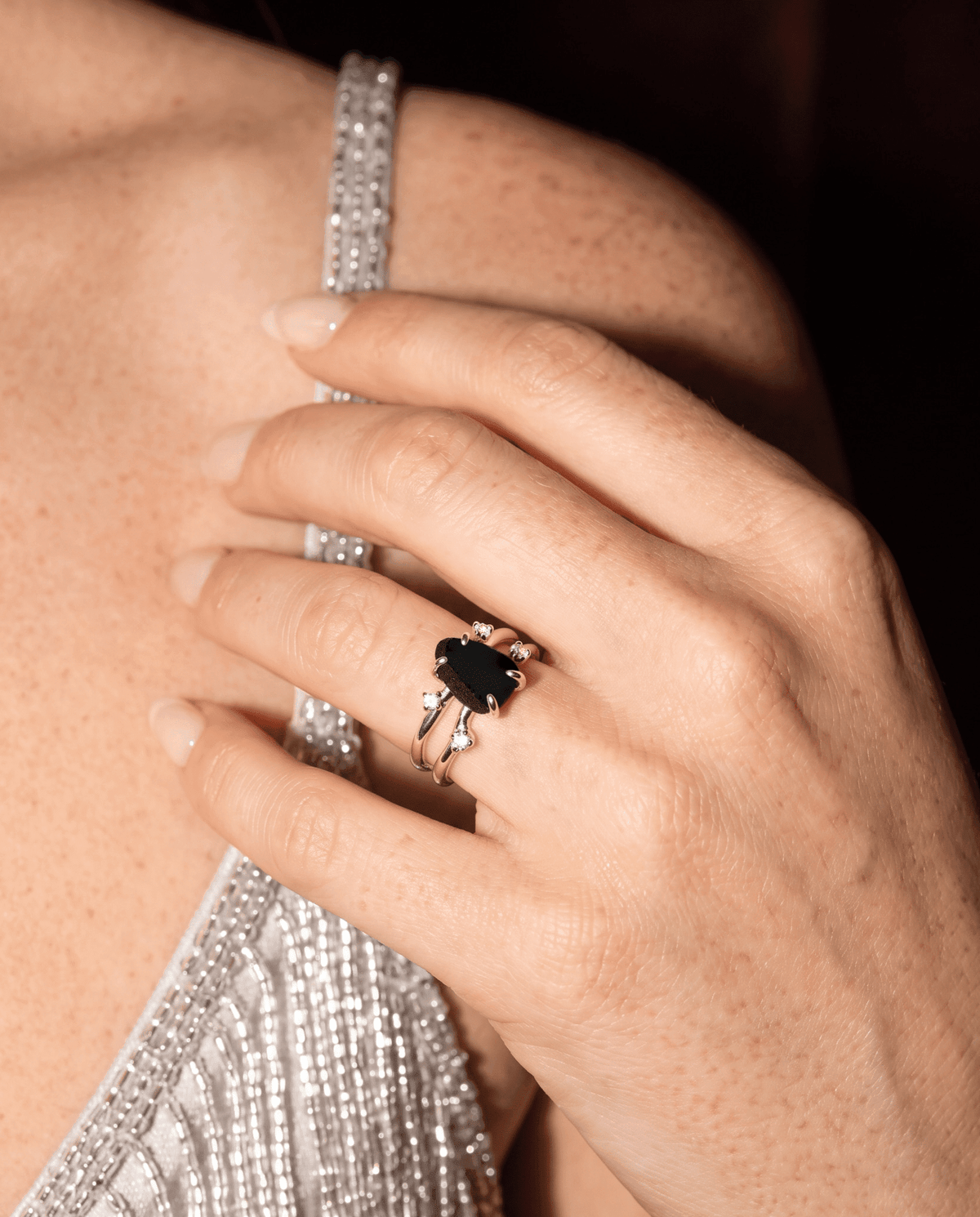Black Obsidian Lab Diamond Ring - Flow