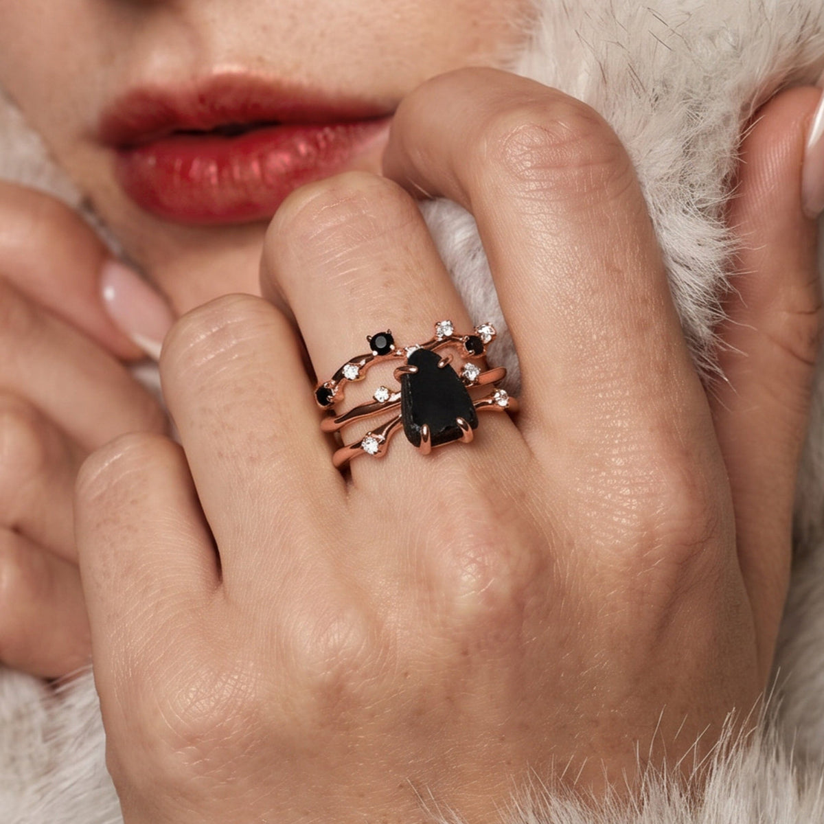 Black Obsidian Ring - Flow - Solid Gold