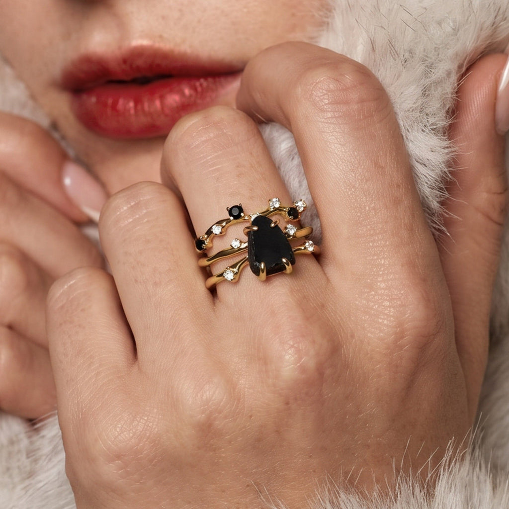 Black Obsidian Ring - Flow - Solid Gold