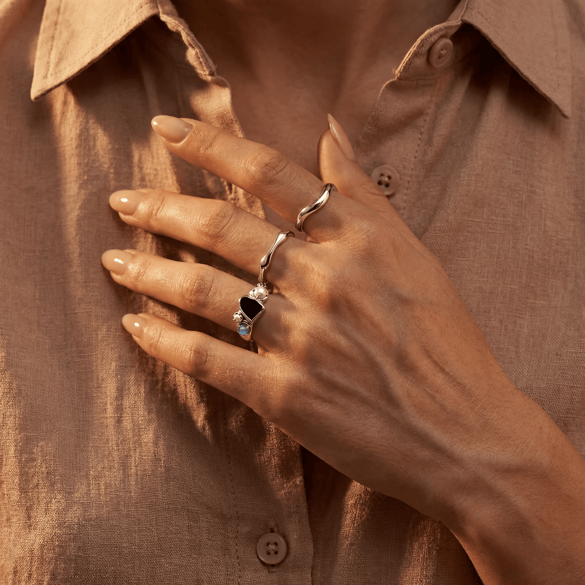 Black Obsidian Heirloom & Magma & Waves Rings