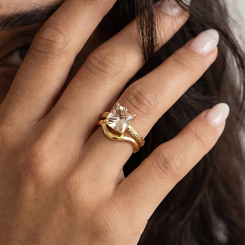 Champagne Quartz Glyptique & Waves Rings