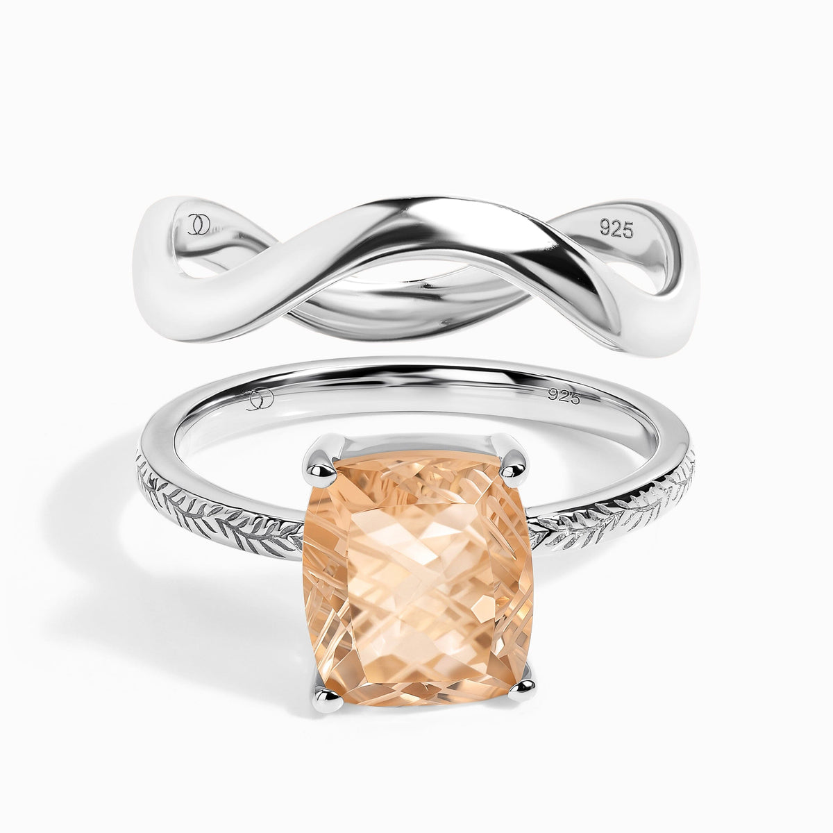 Champagne Quartz Glyptique & Waves Rings