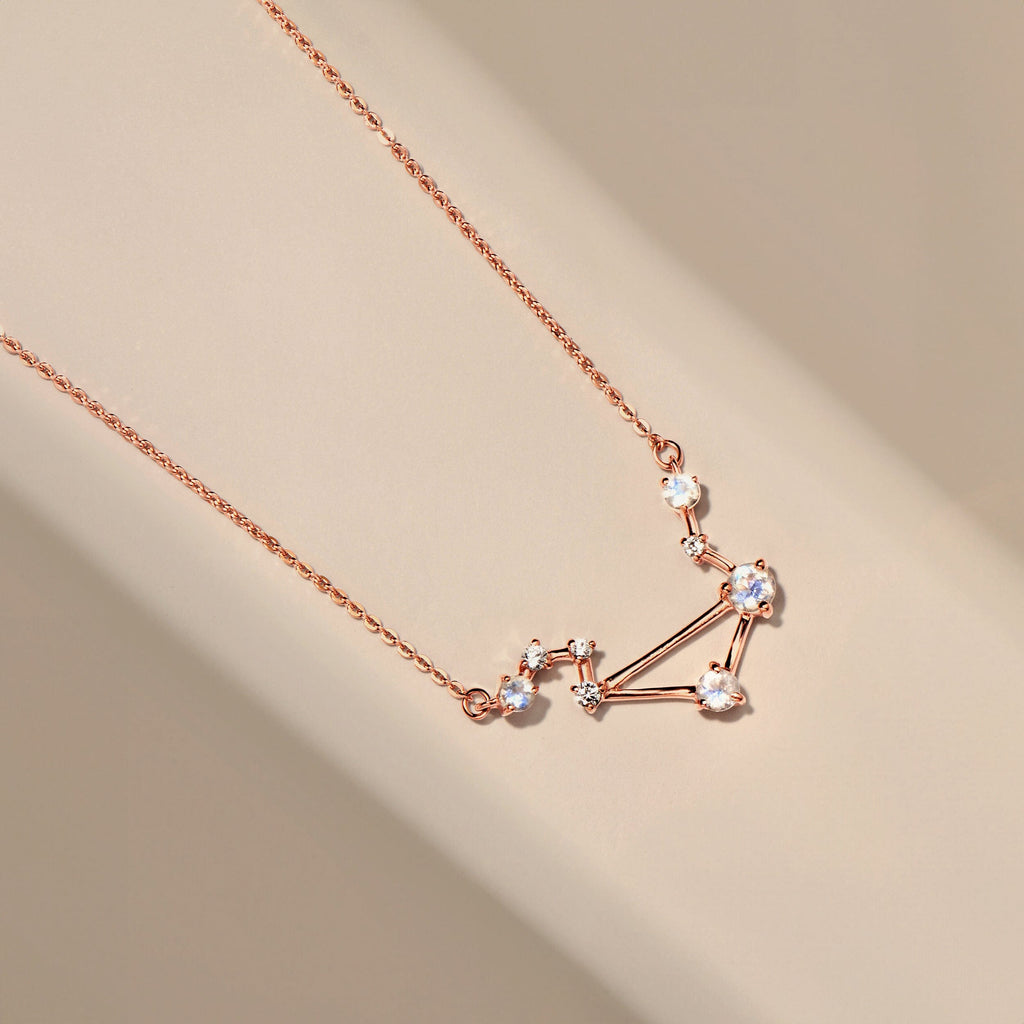 Fine Moonstone Lab Diamond Necklace - Libra Zodiac Constellation