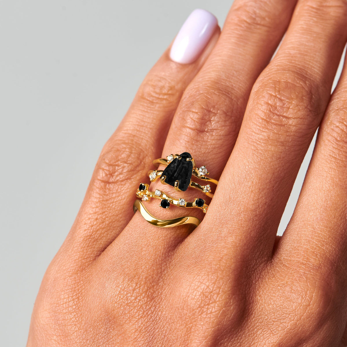Black Obsidian Flow & Stardust & Waves Rings