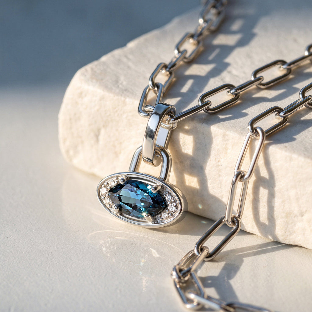 Blue Topaz Necklace - Wide Link Evil Eye