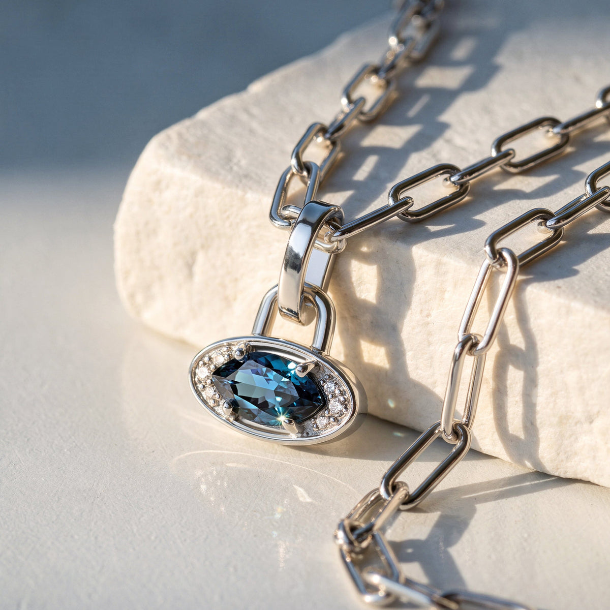 Blue Topaz Necklace - Wide Link Evil Eye