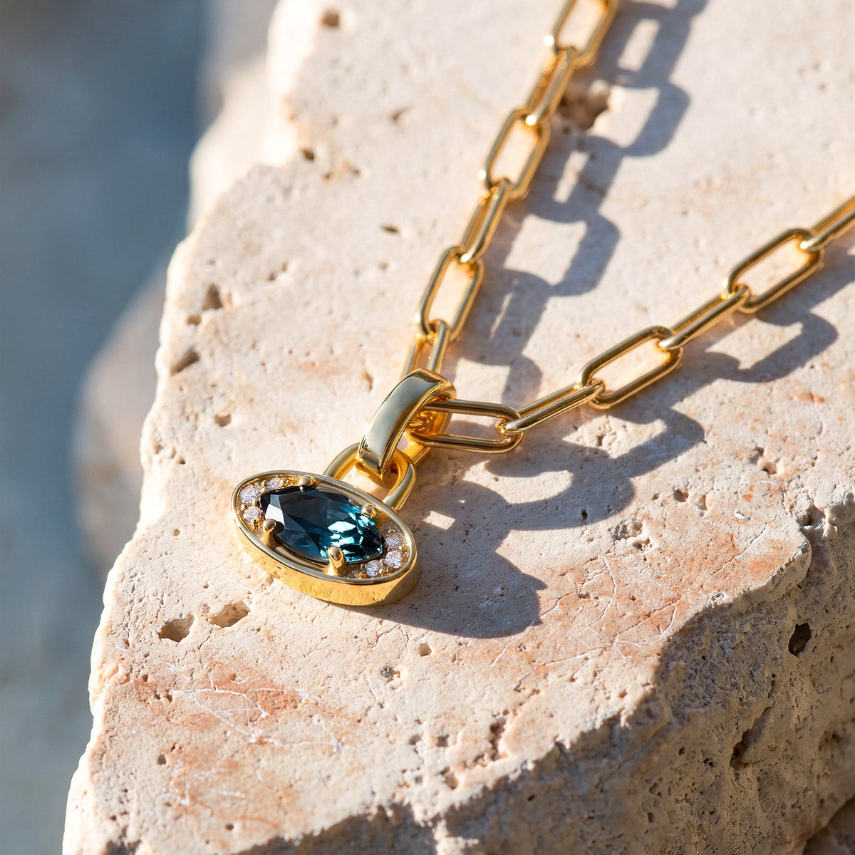 Blue Topaz Necklace - Wide Link Evil Eye