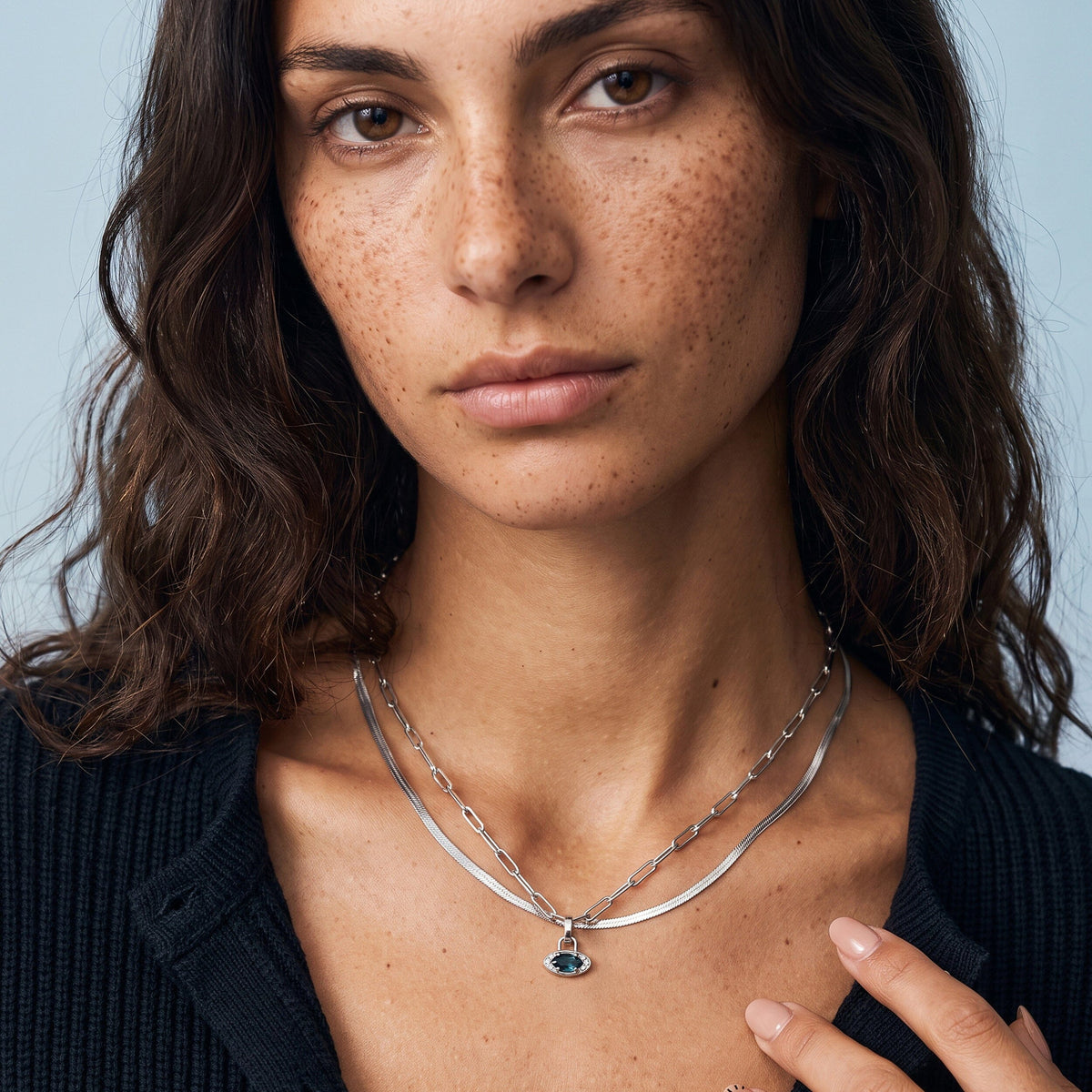 Blue Topaz Necklace - Wide Link Evil Eye