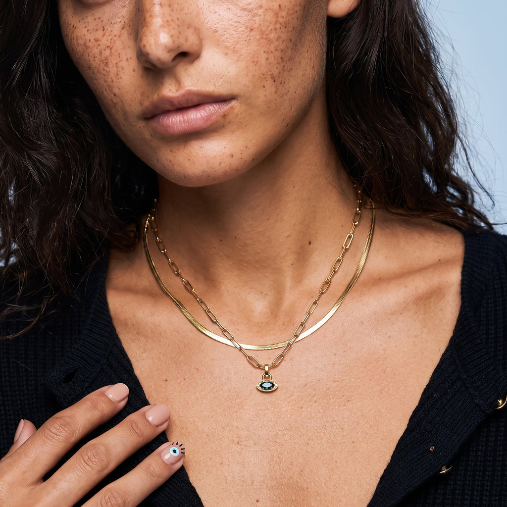 Blue Topaz Necklace - Wide Link Evil Eye