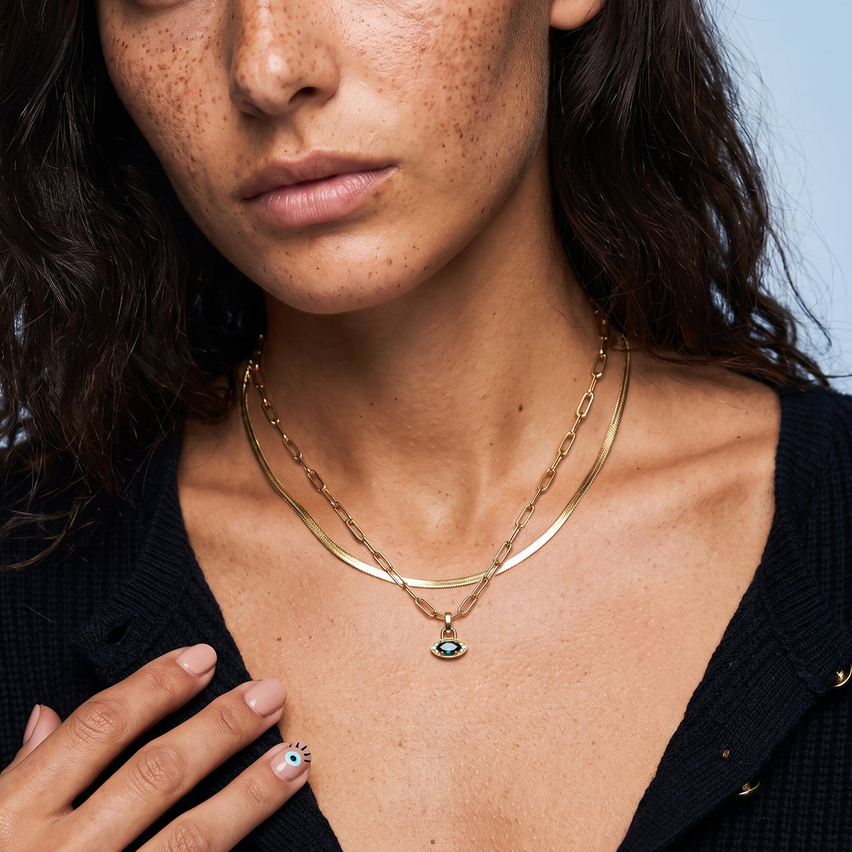Blue Topaz Necklace - Wide Link Evil Eye