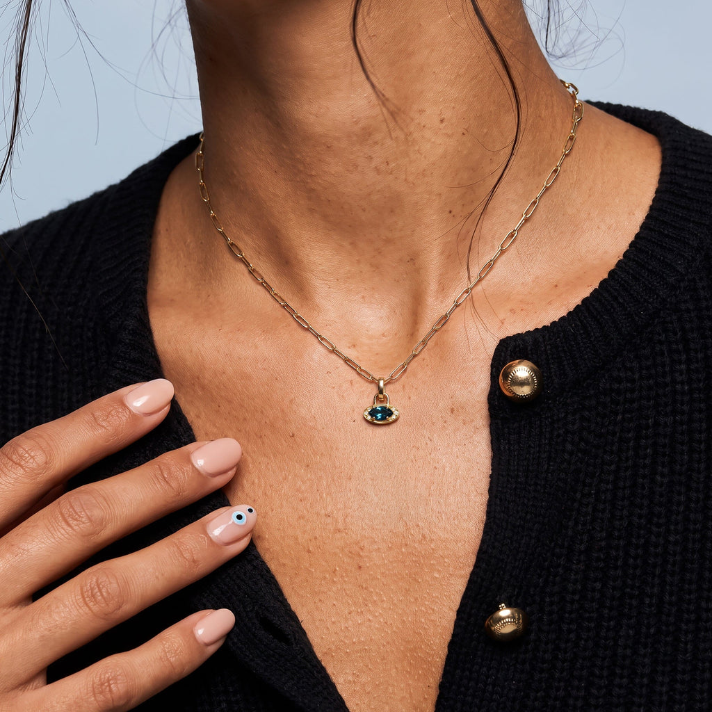 Blue Topaz Necklace - Wide Link Evil Eye