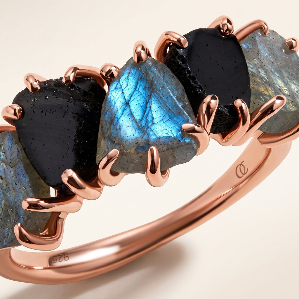 Raw Crystal Ring - Luminous Labradorite & Black Obsidian