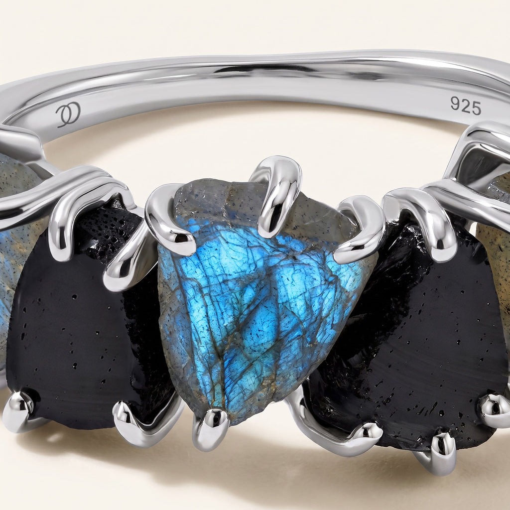 Raw Crystal Ring - Luminous Labradorite & Black Obsidian