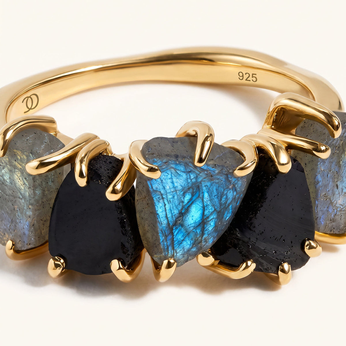 Raw Crystal Ring - Luminous Labradorite & Black Obsidian