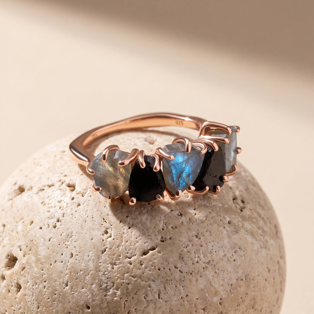 Raw Crystal Ring - Luminous Labradorite & Black Obsidian