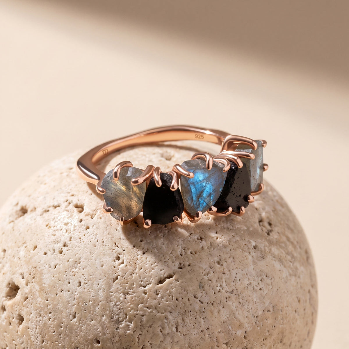 Raw Crystal Ring - Luminous Labradorite & Black Obsidian