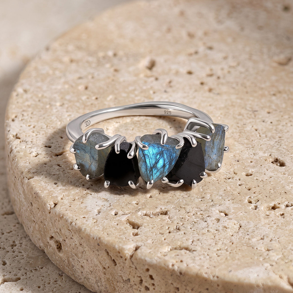 Raw Crystal Ring - Luminous Labradorite & Black Obsidian