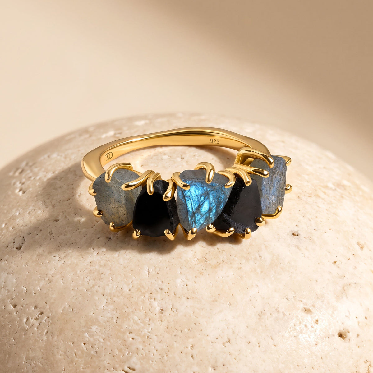 Raw Crystal Ring - Luminous Labradorite & Black Obsidian