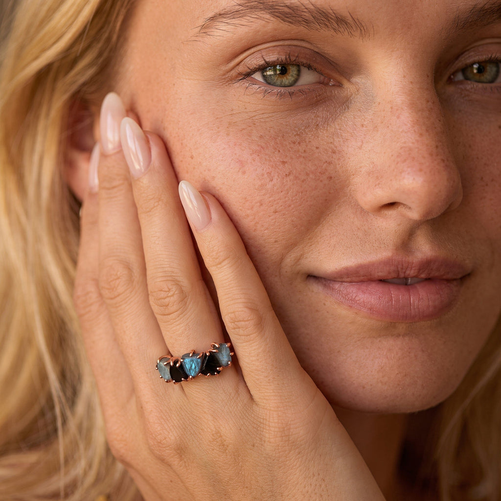 Raw Crystal Ring - Luminous Labradorite & Black Obsidian
