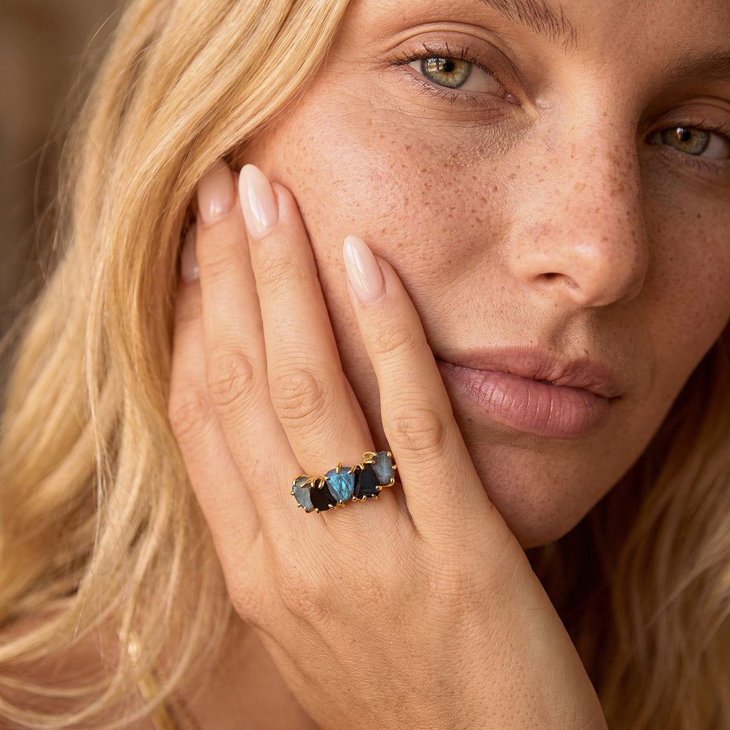 Raw Crystal Ring - Luminous Labradorite & Black Obsidian