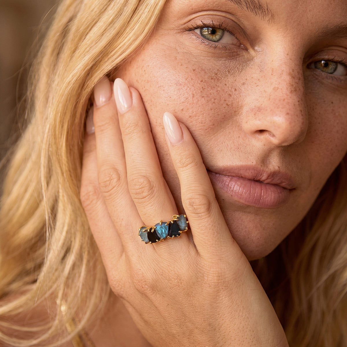 Raw Crystal Ring - Luminous Labradorite & Black Obsidian