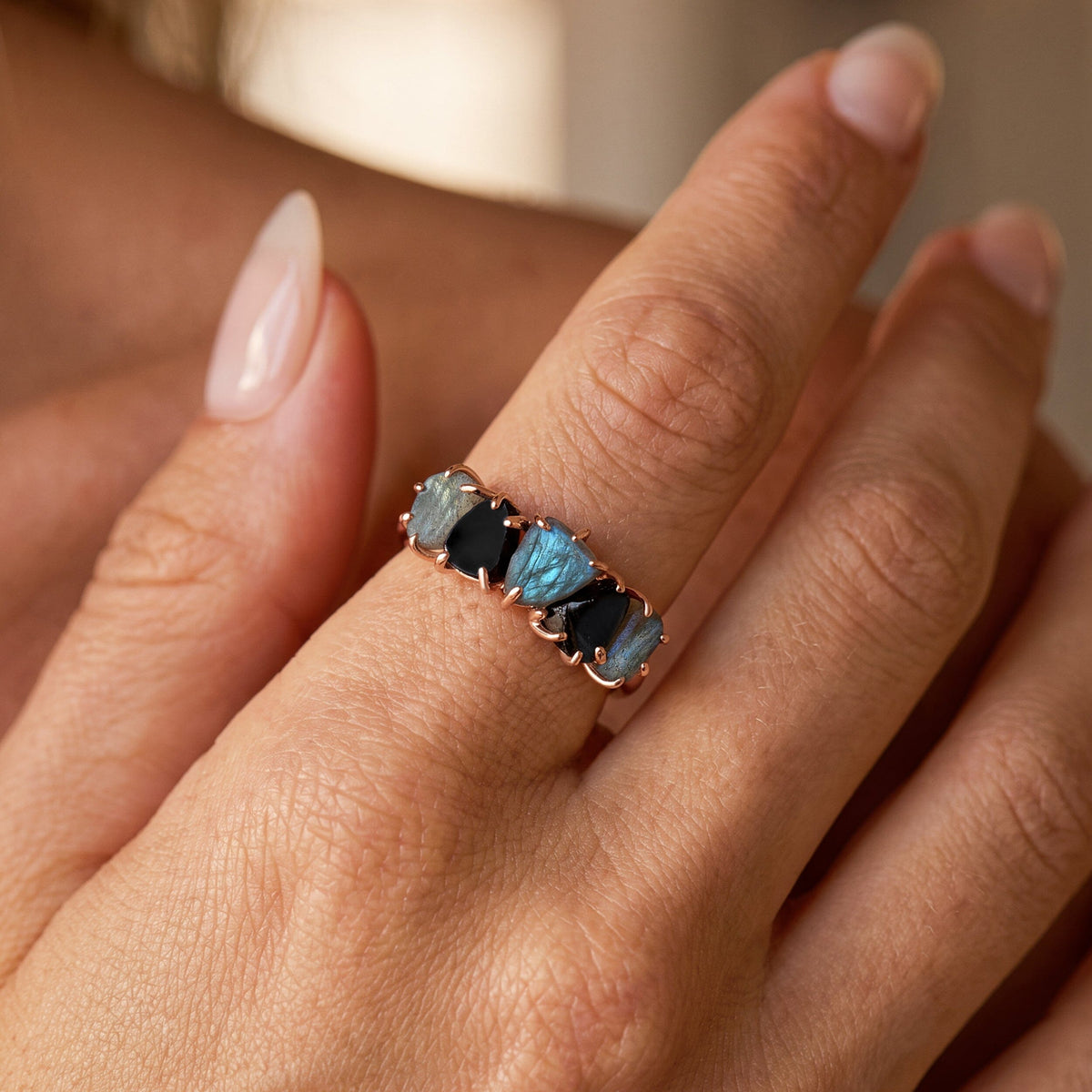 Raw Crystal Ring - Luminous Labradorite & Black Obsidian