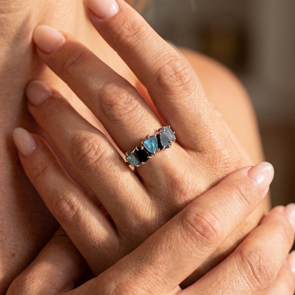 Raw Crystal Ring - Luminous Labradorite & Black Obsidian