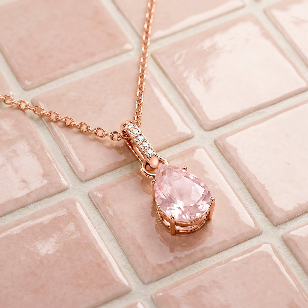 Fine Rose Quartz Lab Diamond Necklace - Sway