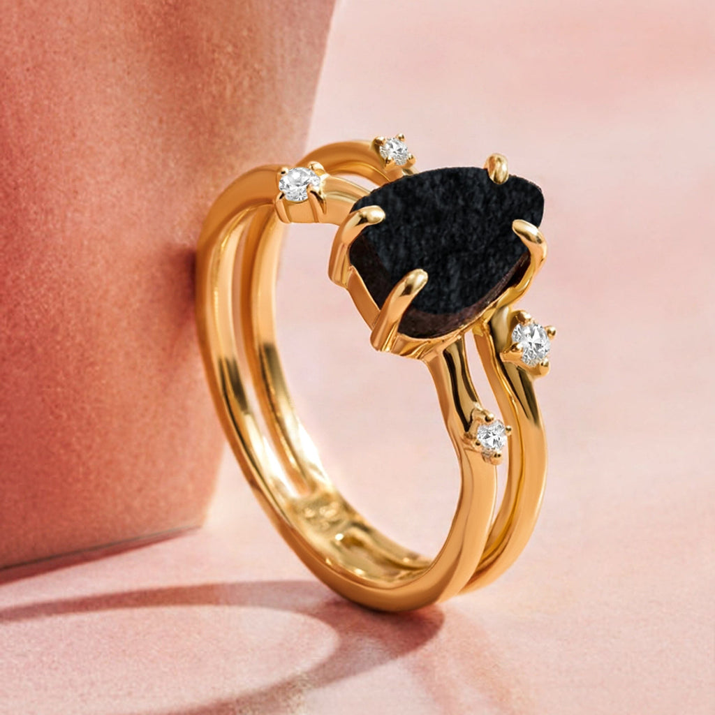 Black Obsidian Ring - Flow - Solid Gold