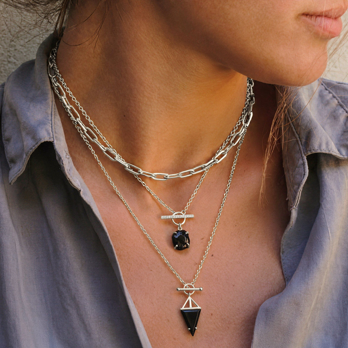 Black Obsidian Heroine & Raw Crystal T-Lock & Widelink Necklaces