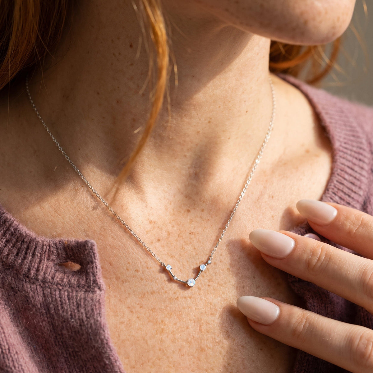Fine Moonstone Lab Diamond Necklace - Aries Zodiac Constellation
