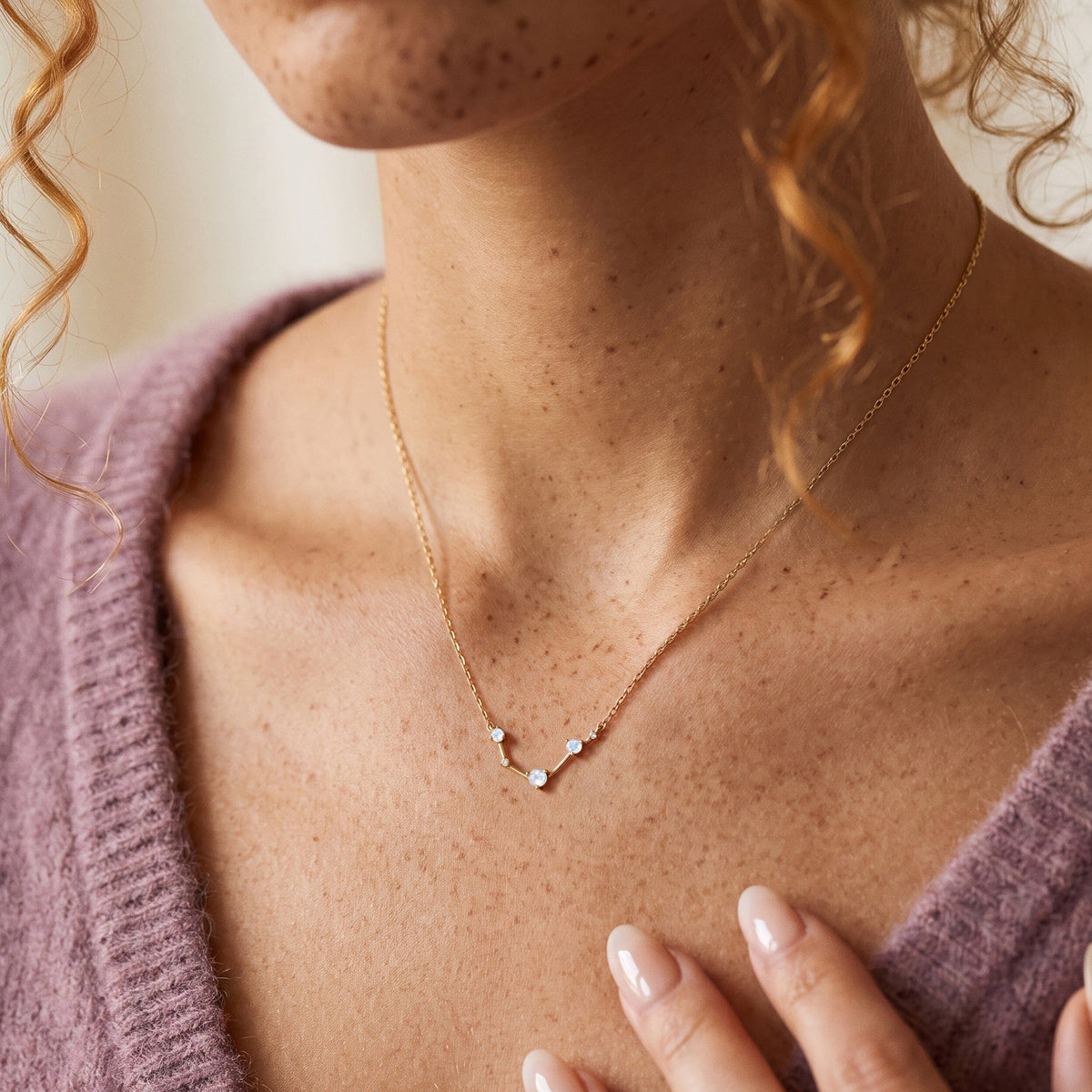 Fine Moonstone Lab Diamond Necklace - Aries Zodiac Constellation