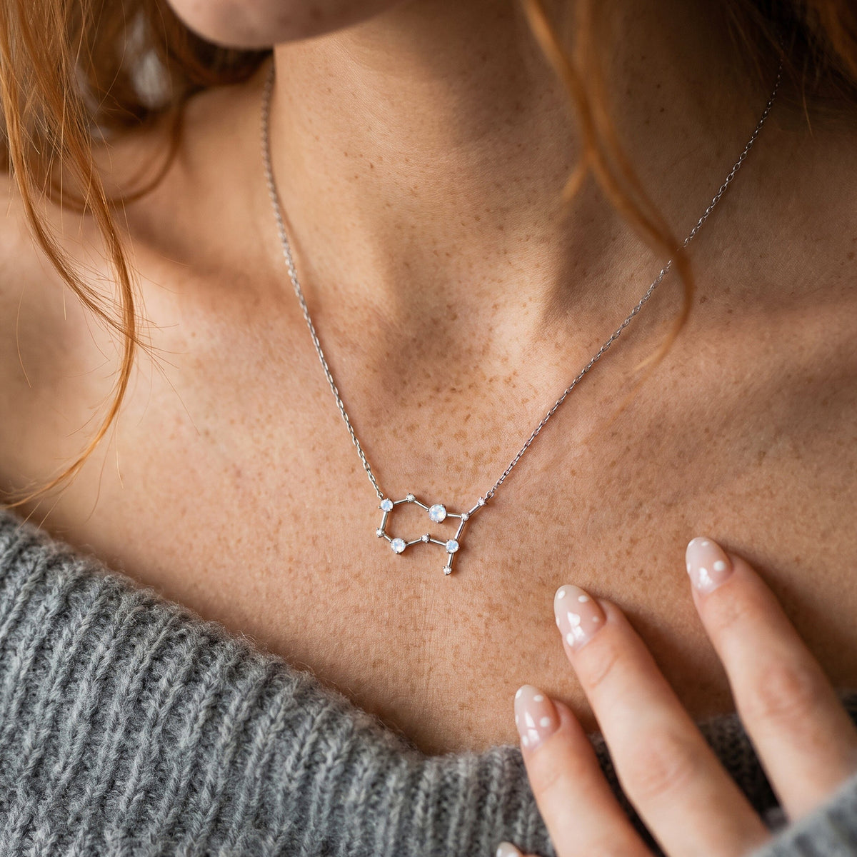 Fine Moonstone Lab Diamond Necklace - Gemini Zodiac Constellation