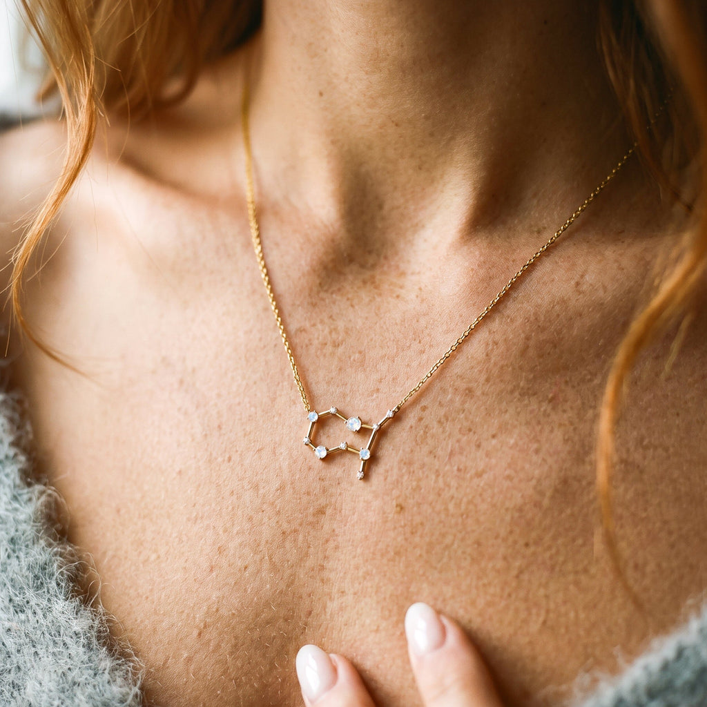 Fine Moonstone Lab Diamond Necklace - Gemini Zodiac Constellation