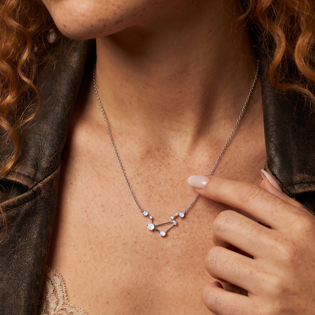 Fine Moonstone Lab Diamond Necklace - Libra Zodiac Constellation
