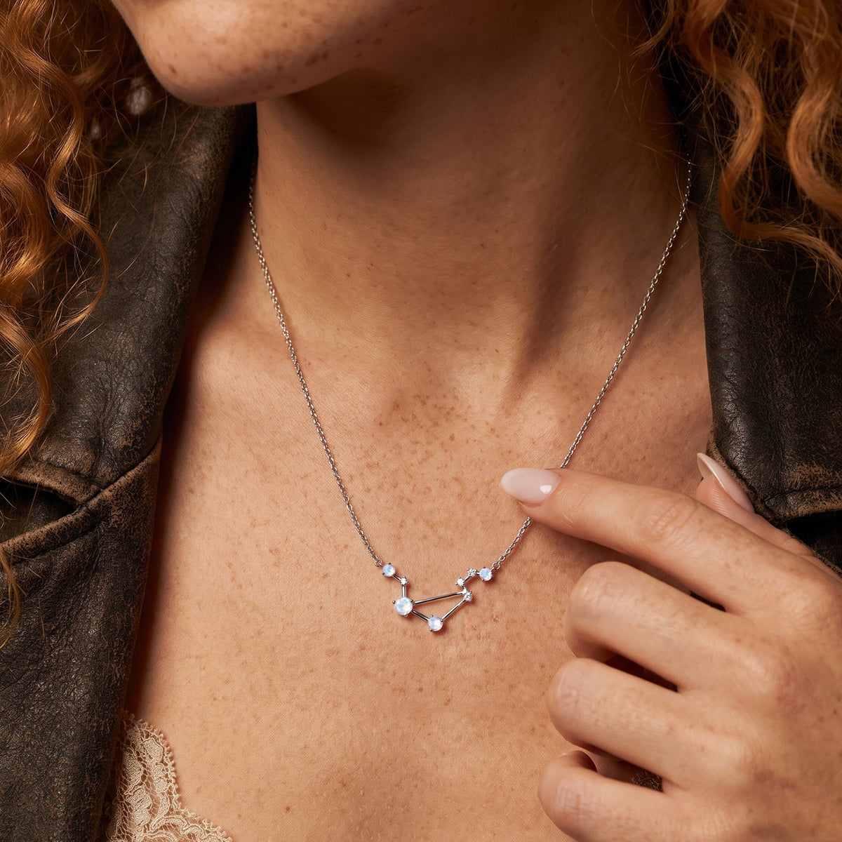 Fine Moonstone Lab Diamond Necklace - Libra Zodiac Constellation