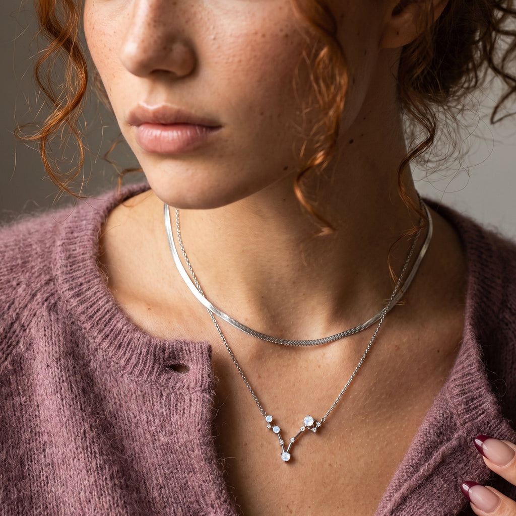 Fine Moonstone Lab Diamond Necklace - Pisces Zodiac Constellation