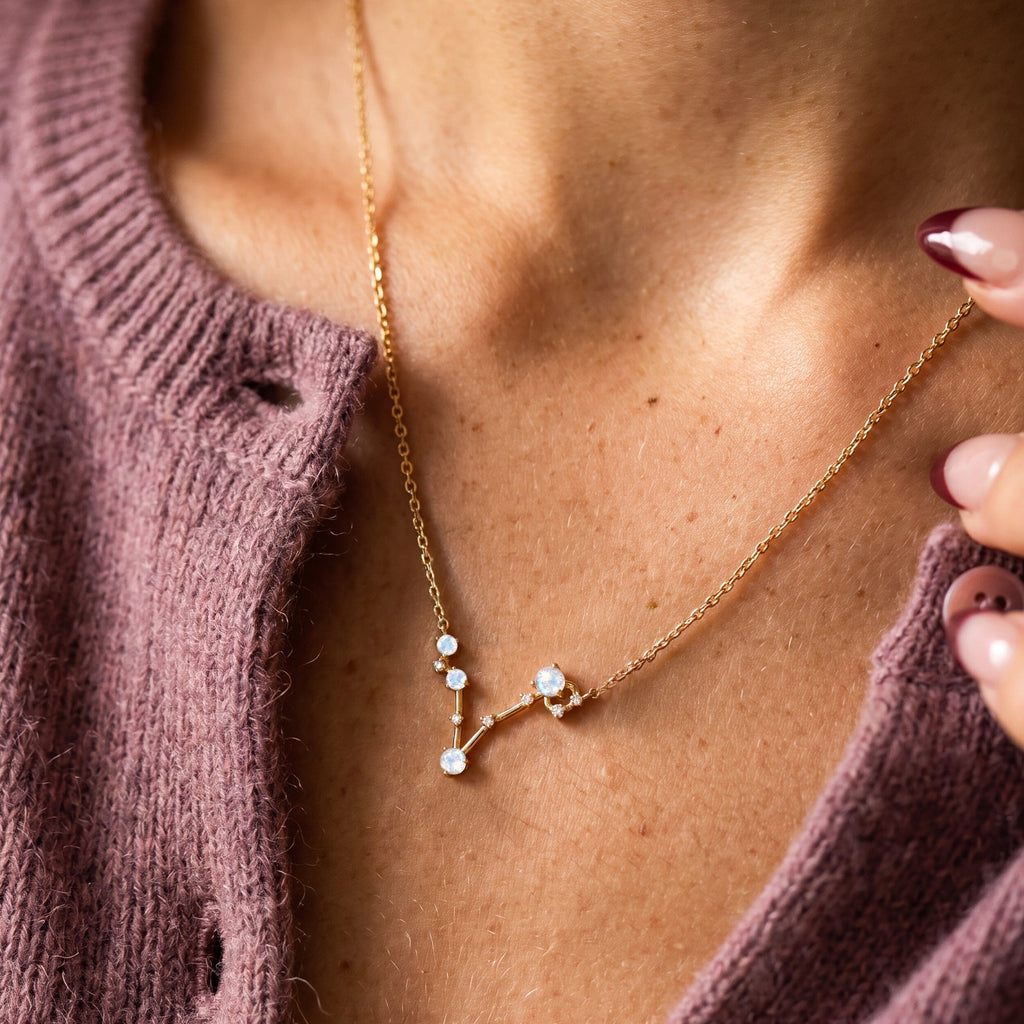 Fine Moonstone Lab Diamond Necklace - Pisces Zodiac Constellation
