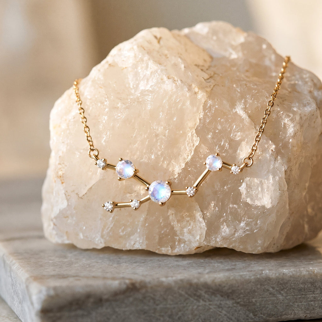 Fine Moonstone Lab Diamond Necklace - Taurus Zodiac Constellation