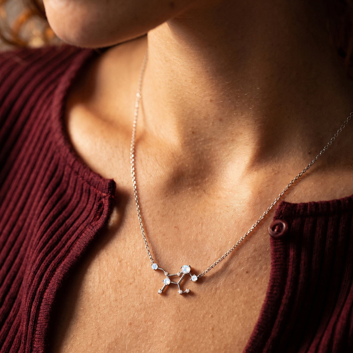Fine Moonstone Lab Diamond Necklace - Virgo Zodiac Constellation