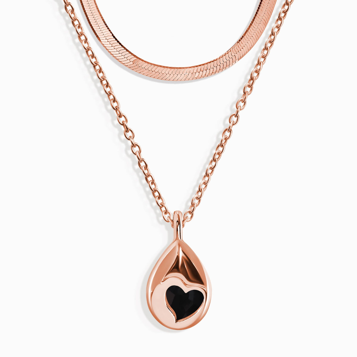 Black Obsidian Hidden Heart Necklace & Herringbone Chain