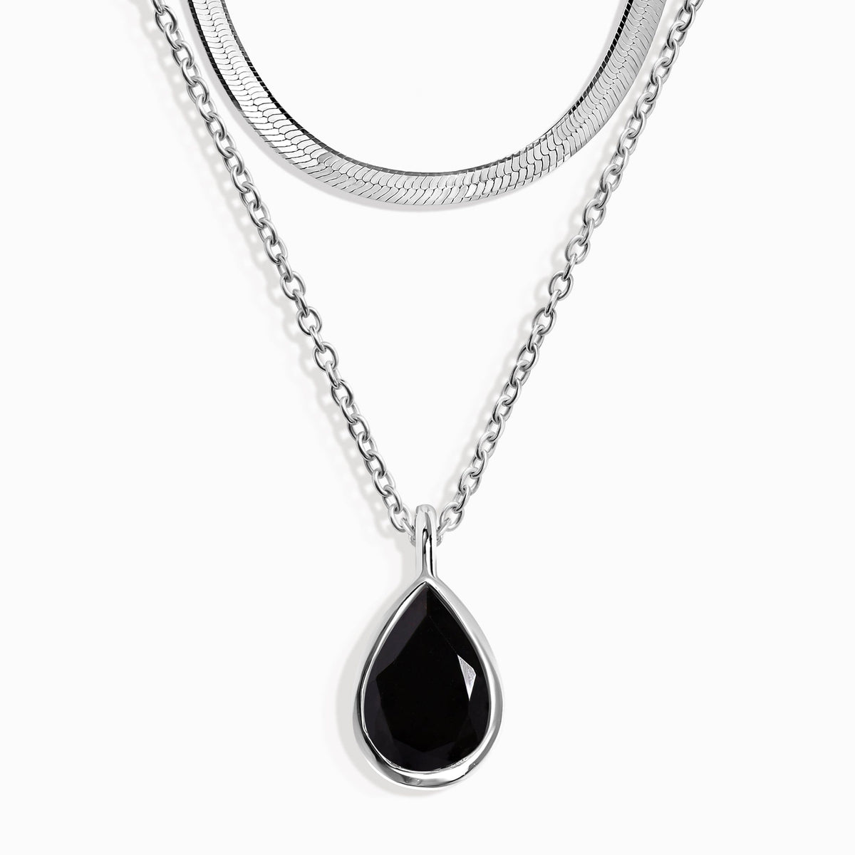 Black Obsidian Hidden Heart Necklace & Herringbone Chain