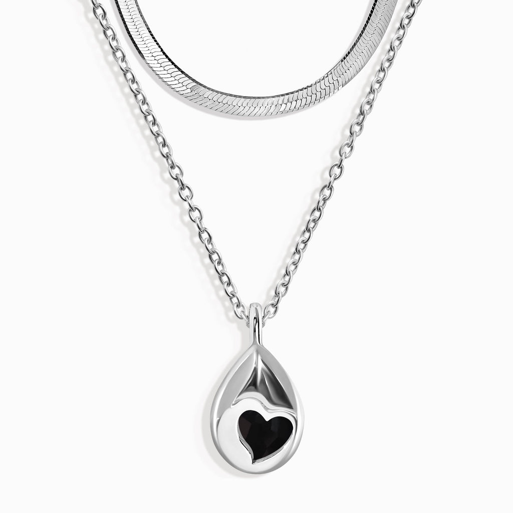 Black Obsidian Hidden Heart Necklace & Herringbone Chain