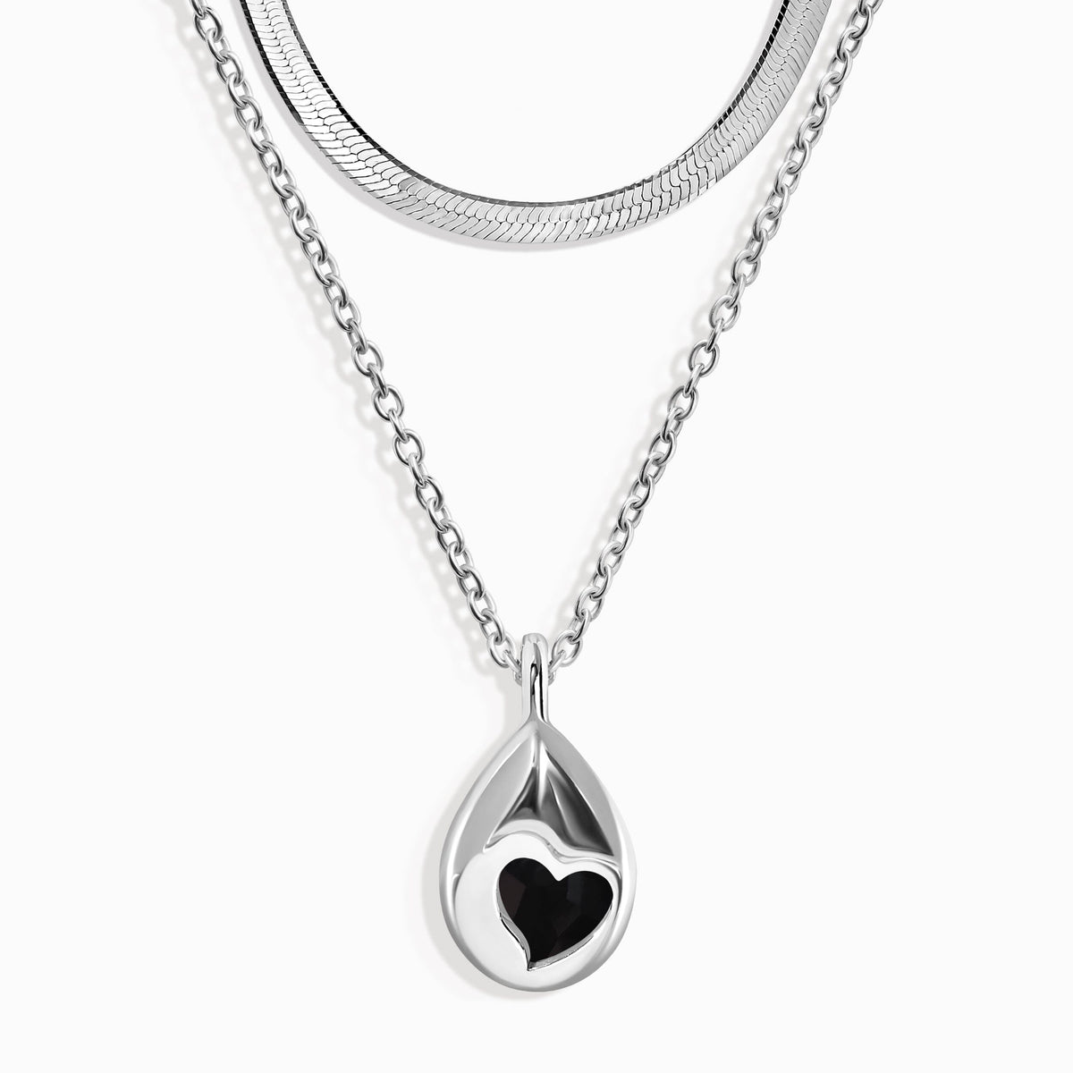 Black Obsidian Hidden Heart Necklace & Herringbone Chain