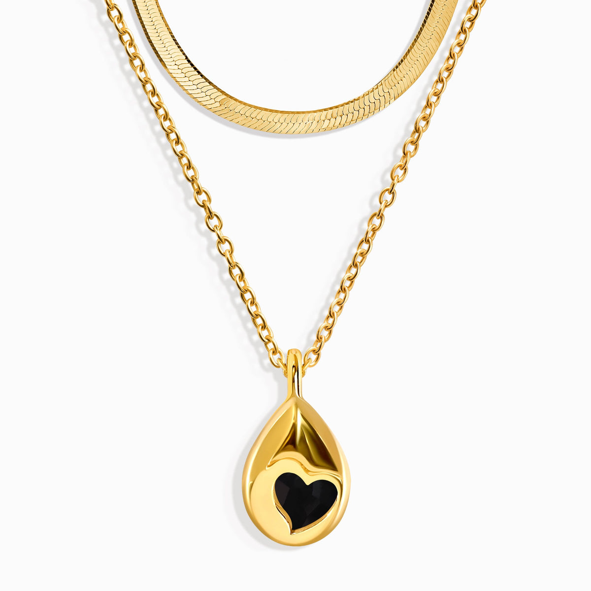 Black Obsidian Hidden Heart Necklace & Herringbone Chain