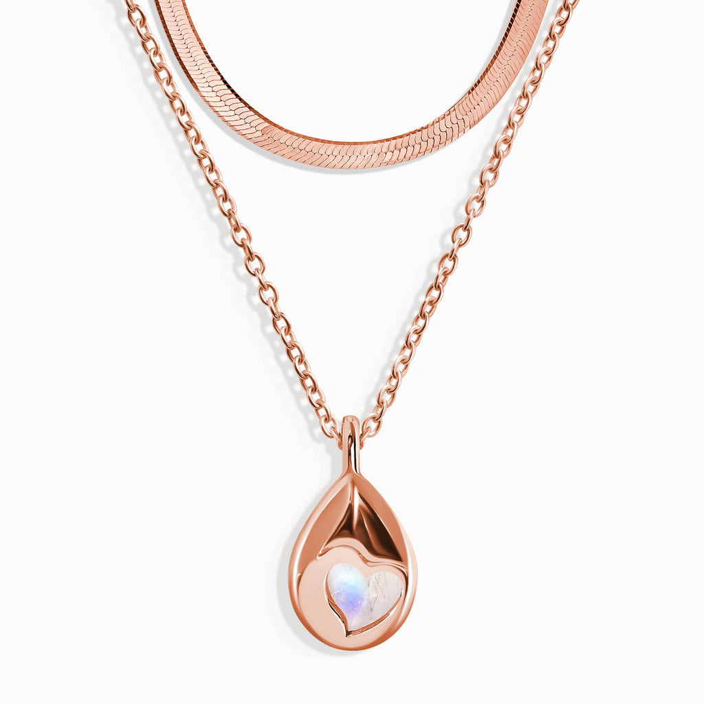 Moonstone Hidden Heart Necklace & Herringbone Chain