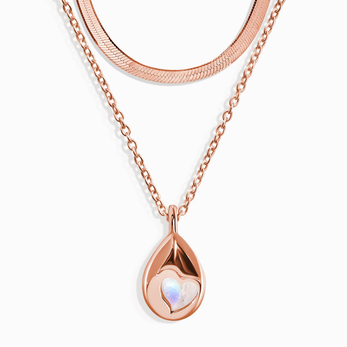 Moonstone Hidden Heart Necklace & Herringbone Chain